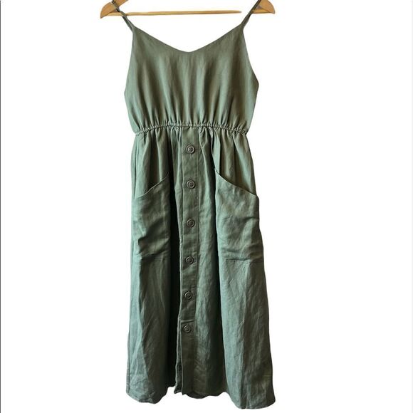 NWT THEKORNER Khaki Green Linen Long Blend Dress - Picture 1 of 10